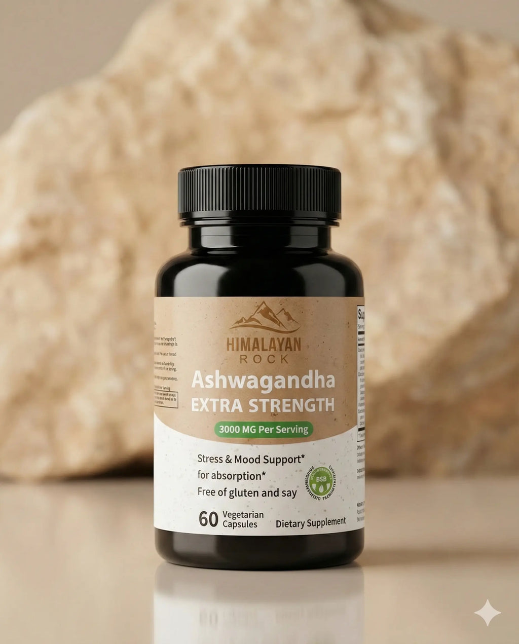 Flacon d’ashwagandha extra forte Himalayan Rock, 3000 mg, 60 capsules végétariennes.